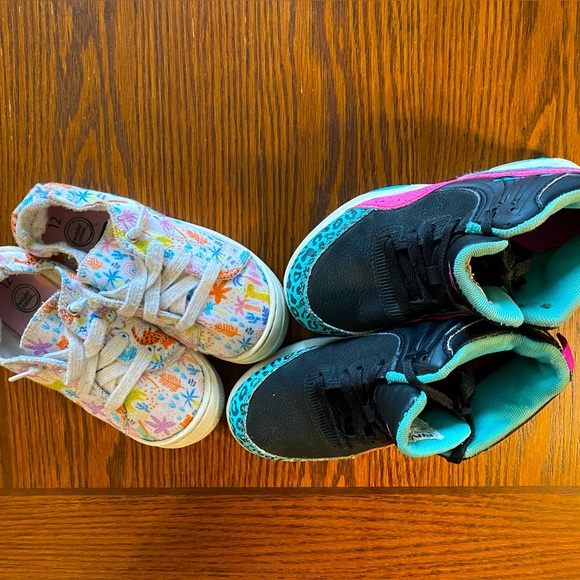 2 pair girls’ sz 12/13 sneakers: leopard neon And1 high-tops & tropical canvas - Picture 2 of 7